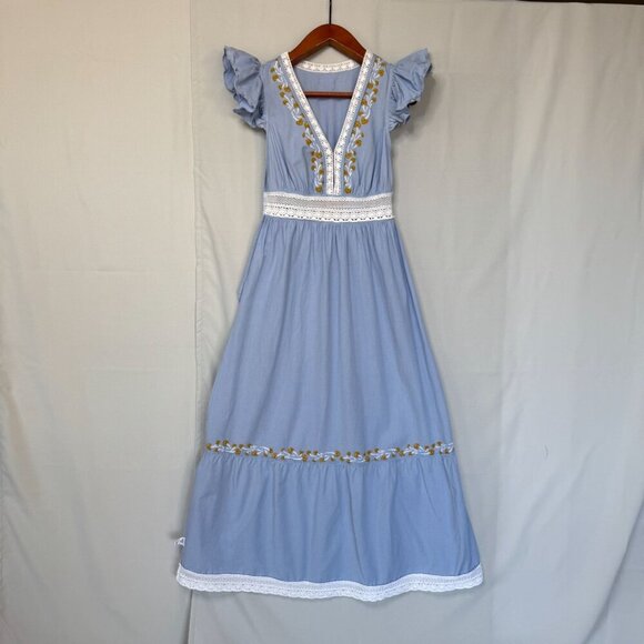 SAYLOR YUMI Cotton Linen Blue Ruffle Sleeve Lace Embroidered  Maxi Dress Size S - Picture 7 of 17